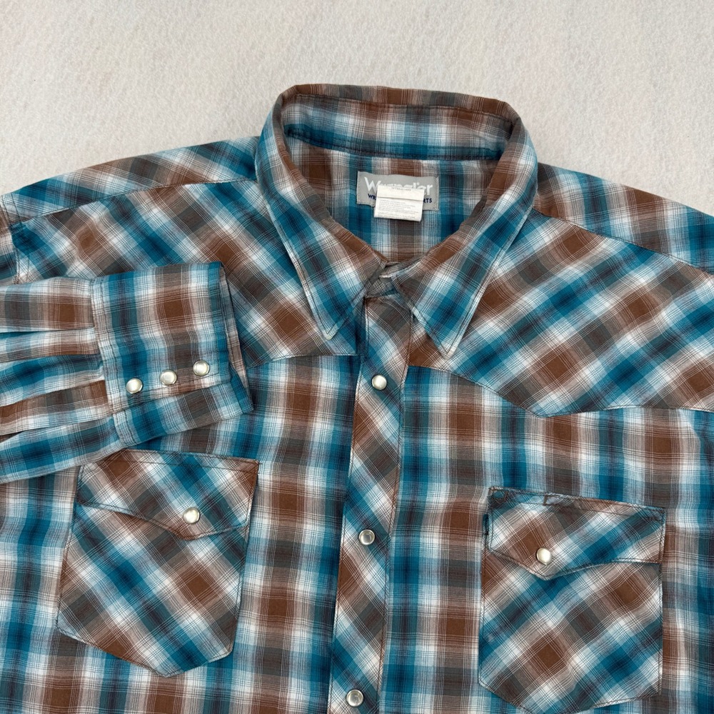 Wrangler Wrancher Mens XXL Long Sleeve Pearl Snap Western Shirt Blue/Brown Plaid